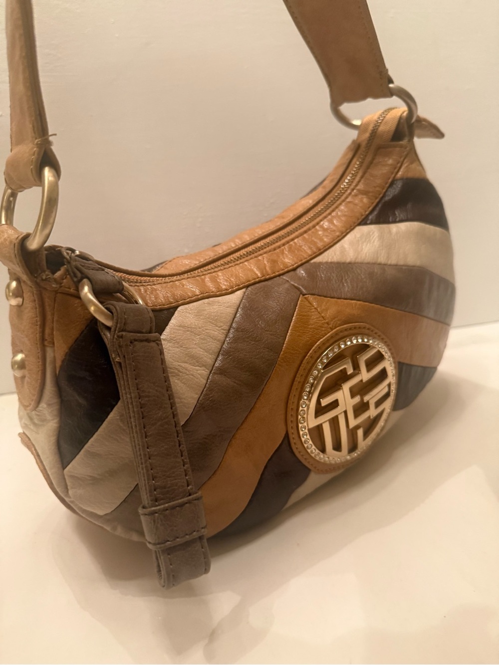 Guess leather Vintage shoulder bag chevron patchwork multi brown tan